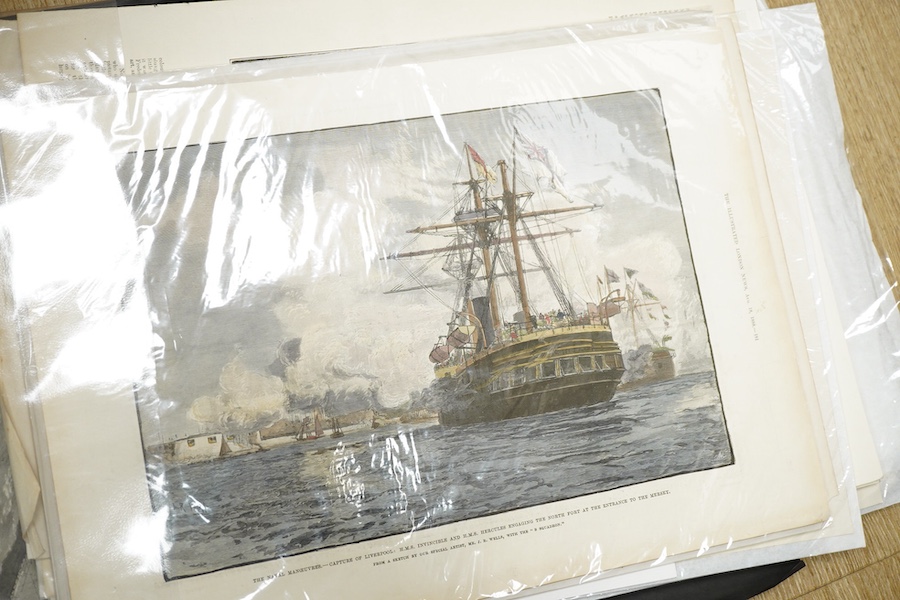A quantity of 19th century unframed prints commemorating the Battle of Trafalgar and Nelson, many from the Illustrated London News to include ‘Ships of the British Navy’ and ‘HMS Victory on October 21st 1805 at Trafalgar
